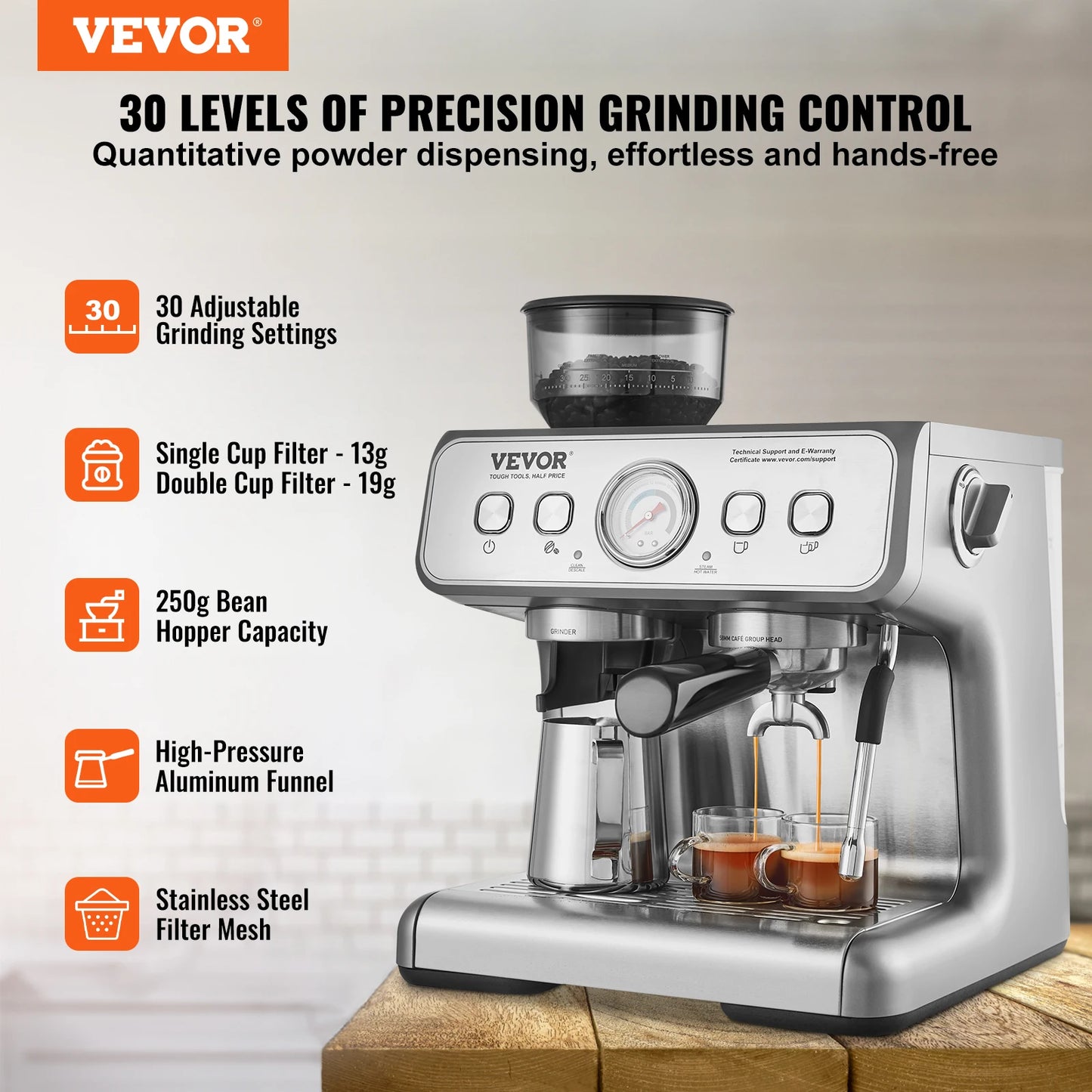 SucceBuy Espresso Machine with Grinder 15 Bar Semi-Automatic Espresso Coffee Maker with Milk Frother Steam Wand