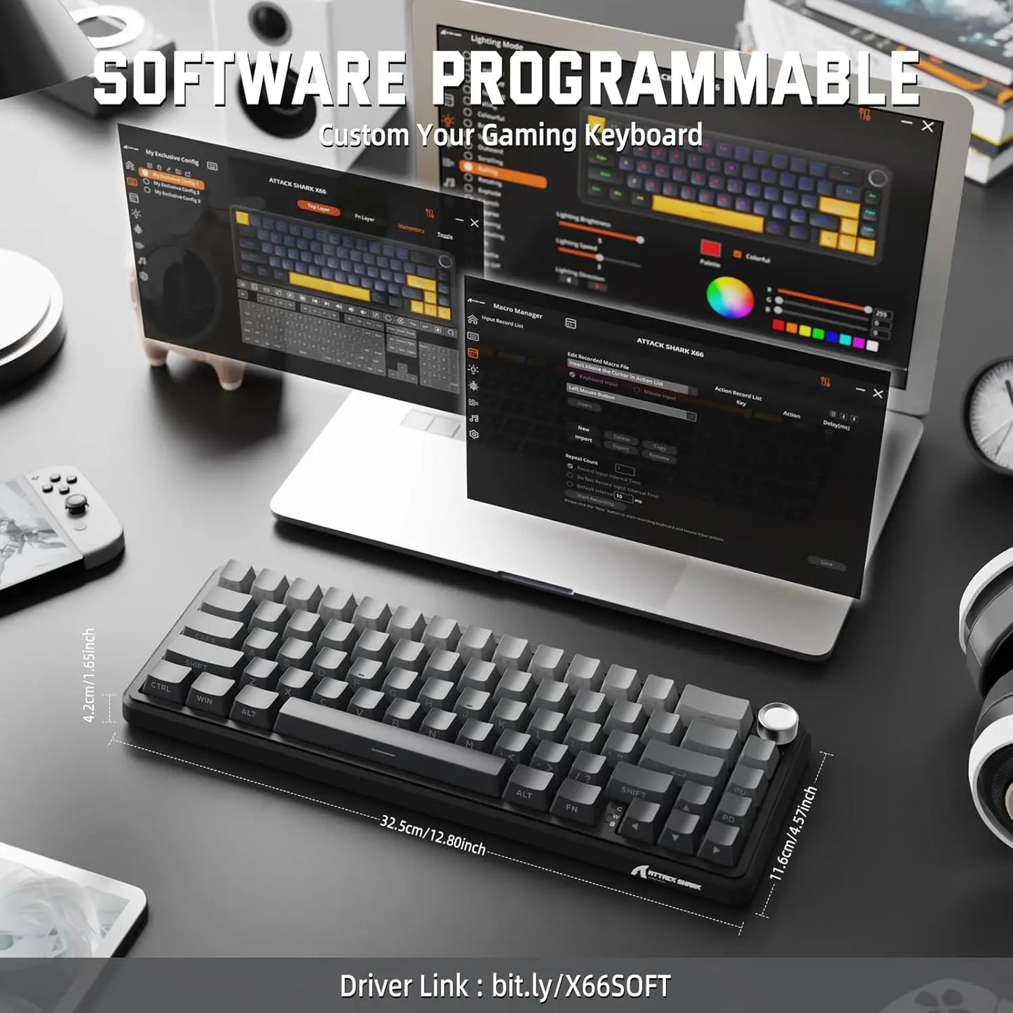 ATTACK SHARK X66 65% Wireless Mechanical Keyboard with Knob, 66 Keys Gasket Hot Swap RGB Gaming Keyboard, Linear Switch,