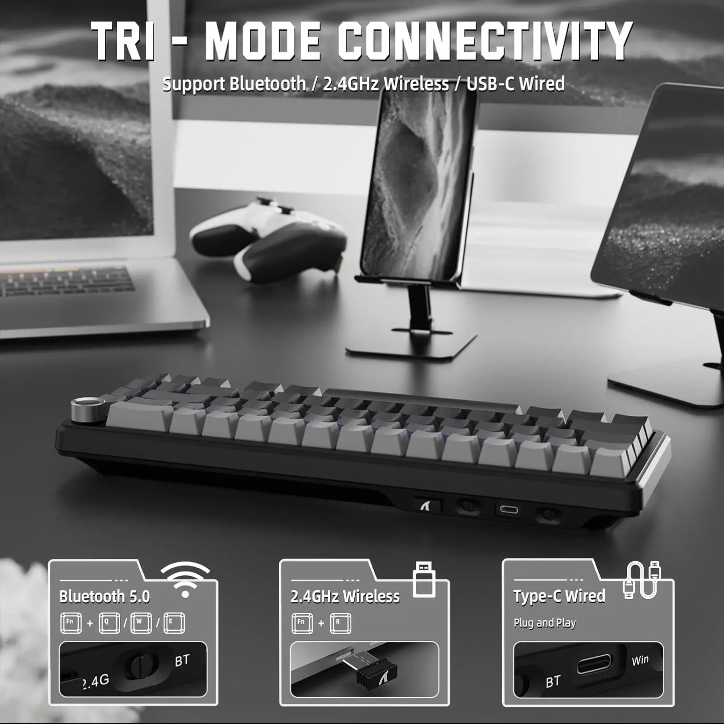 ATTACK SHARK X66 65% Wireless Mechanical Keyboard with Knob, 66 Keys Gasket Hot Swap RGB Gaming Keyboard, Linear Switch,
