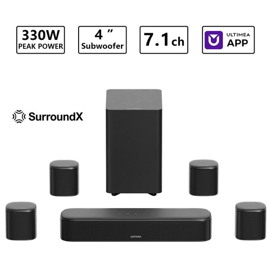 ULTIMEA Aura S4T 350W 7.1ch TV Soundbar with 4 Surround Speakers, Surround Sound System with Subwoofer, App Control, HDMI ARC