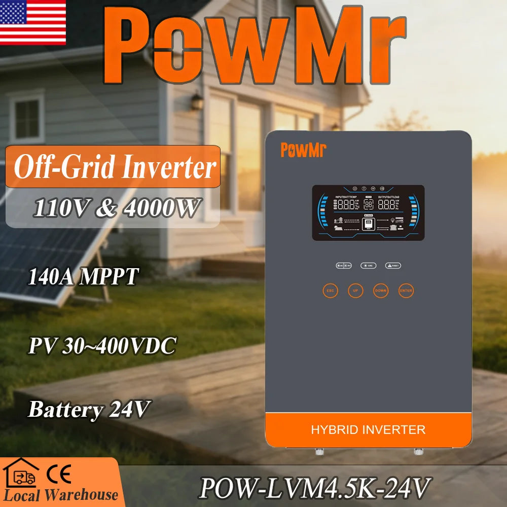 POWMr 24V 4000W Solar Inverter 24VDC to 110VAC 140A MPPT Pure Sine Wave Off Grid Inverter with LCD Display Built in Lithium BMS Communication for Home RV Inversor