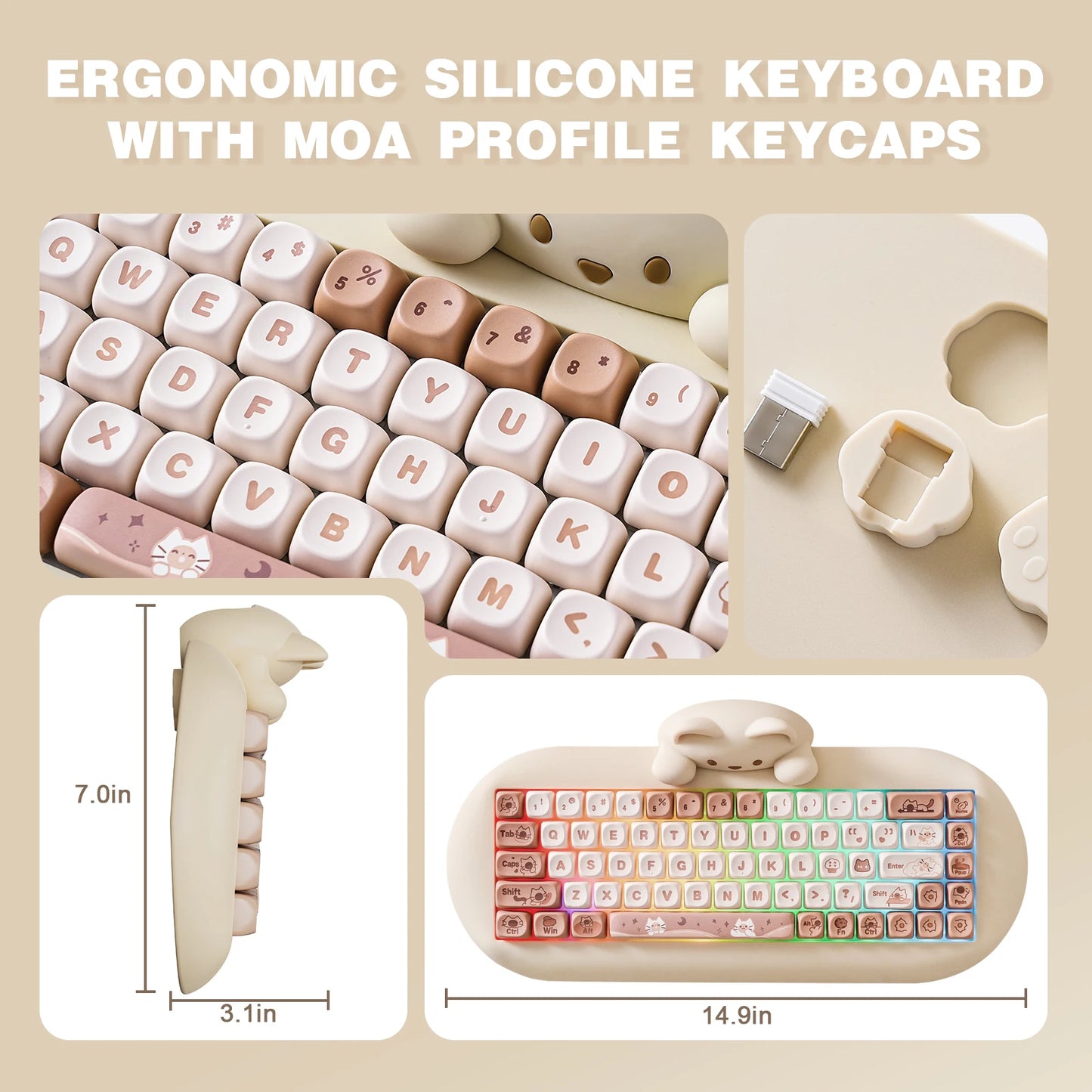 YUNZII C68 Wireless Gaming Keyboard, Hi-Fi Cute Cat Custom RGB Mechanical Keyboard, Silicone 65% Hot Swap Ergonomic Kitty Keeb